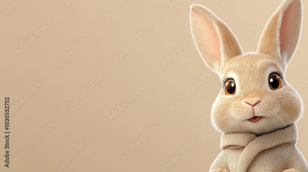 Obraz premium A delightful rabbit character stands proudly in a stylish gray coat and sweater, providing a whimsical touch to the beige backdrop with remarkable lifelike features