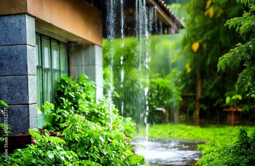Rain falling down to house roof, Rainy season