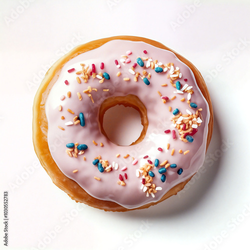 Delicious donut lying on white background with pink icing and sprinkles