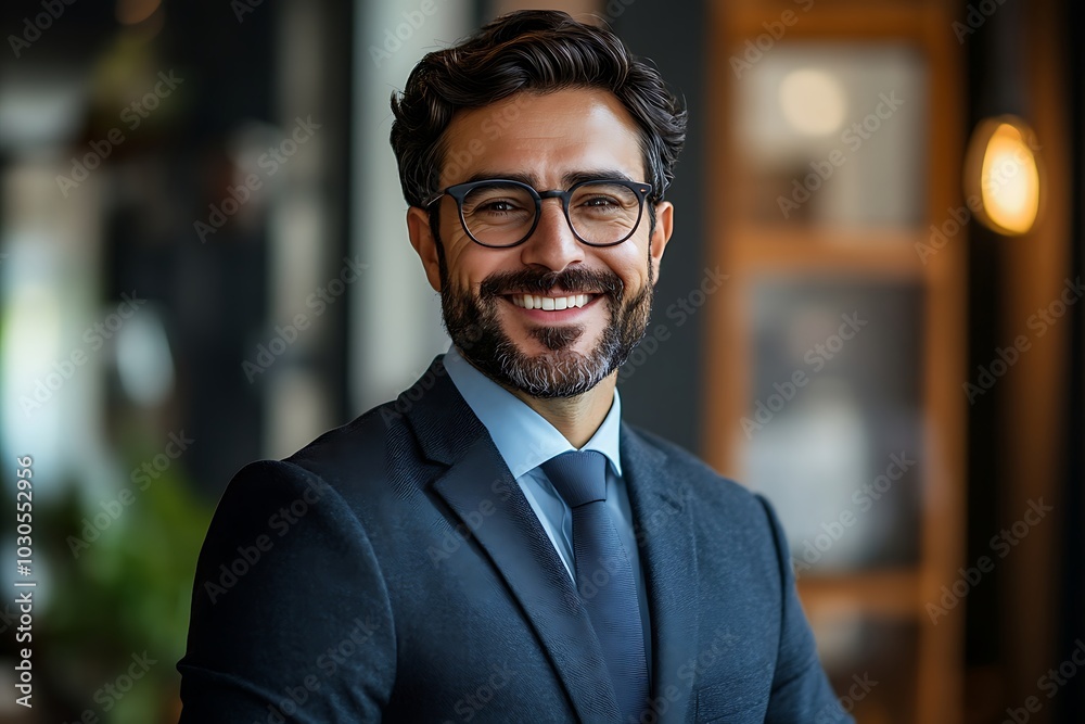 Handsome Businessman with Beard in Formal Attire Smiling in Office Handsome Businessman with Beard in Formal Attire Smiling in Office