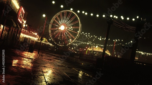 Ferris wheel lights reflecting at night photo