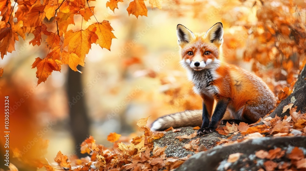 Cute Red Fox in fall forest. Beautiful animal in habitat. Wildlife scene from the wild nature Cute Red Fox in fall forest. Beautiful animal in habitat. Wildlife scene from the wild nature