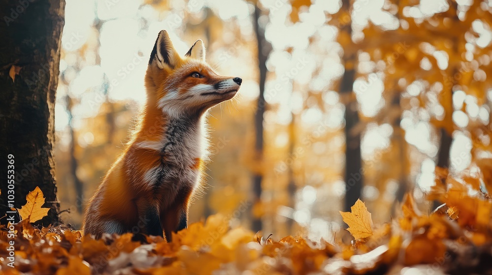 Fototapeta premium Cute Red Fox in fall forest. Beautiful animal in habitat. Wildlife scene from the wild nature