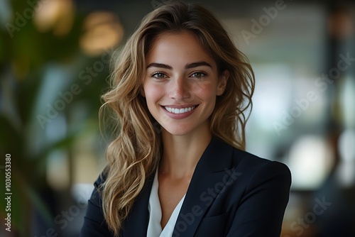 Happy Businesswoman in Blazer Smiling with White Shirt