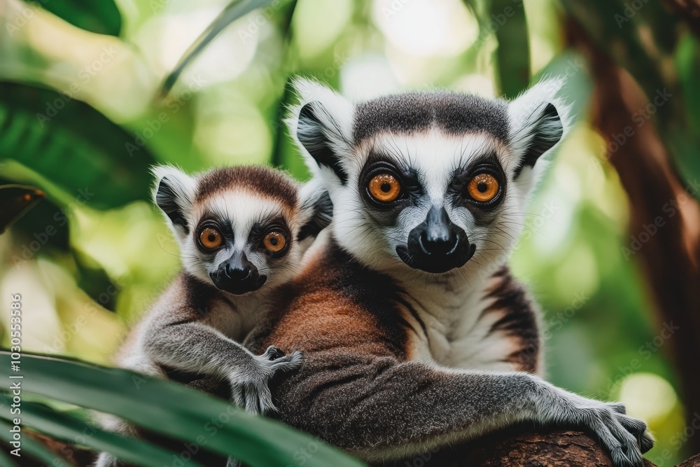 Obraz premium A close-up of a mother lemur and her baby among lush green foliage.