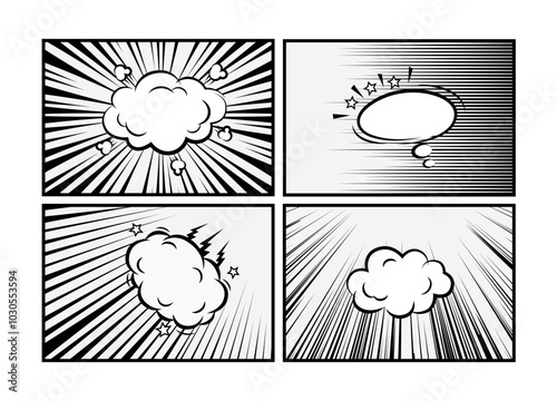 Set of manga comic speed line, zoom and motion effects background, frames, screentone with speech bubbles. Anime radial light flash explosion black frame template vector illustration