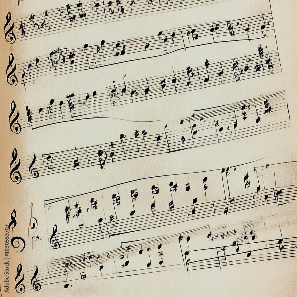 Naklejka premium Sheet music featuring intricate notes and clefs on a vintage paper background.