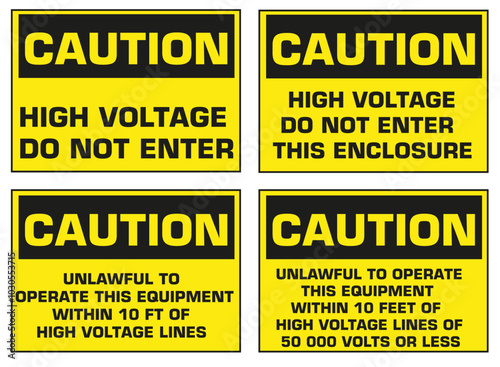 A set of safety signs about the causes of electric shock and injuries from electrical flash.