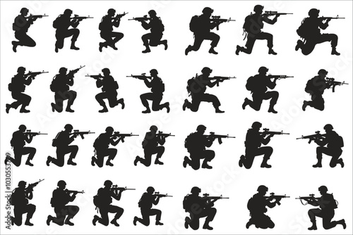 Soldier silhouette icon vector. Set of male soldiers in various poses silhouettes vector. Young male soldier firing position silhouettes. Vector illustrations of male soldiers in firing position