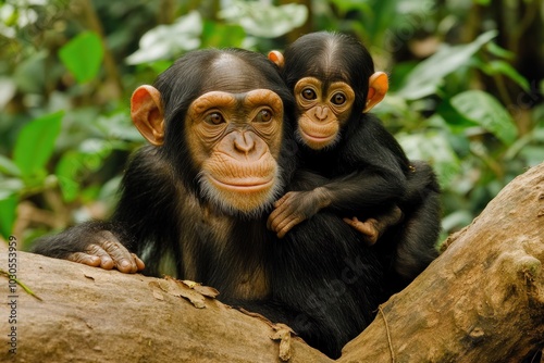 A mother chimpanzee and her baby sit together on a tree branch in a lush forest setting.