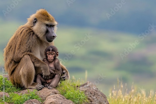 A baboon mother lovingly cradles her baby in a natural setting.