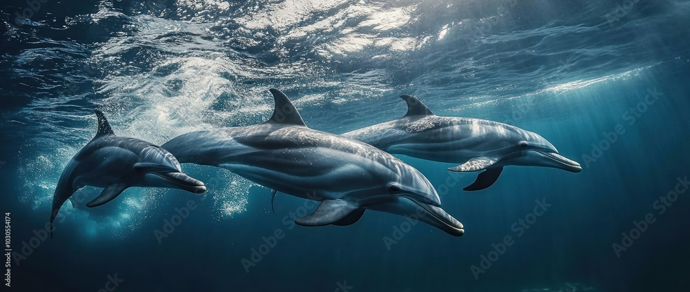 Obraz premium Three dolphins swimming gracefully in the ocean, illuminated by sunlight filtering through water.