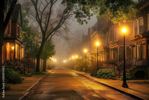 A foggy street lined with vintage houses and glowing streetlights, creating a serene atmosphere.