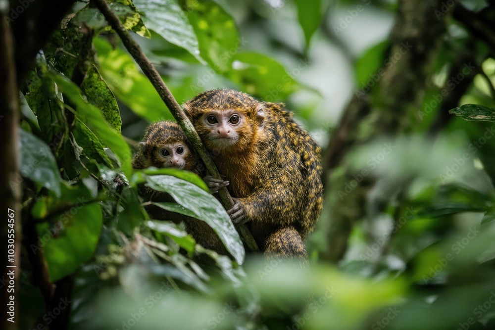 Two monkeys nestled among lush green foliage in a vibrant rainforest setting. Two monkeys nestled among lush green foliage in a vibrant rainforest setting.