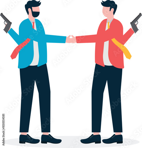 Businessman shaking hands, businessman holding a knife behind him, evil treacherous or betrayal

