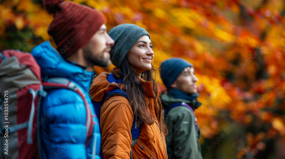 Group of hikers in colorful jackets enjoying autumn outdoors Group of hikers in colorful jackets enjoying autumn outdoors