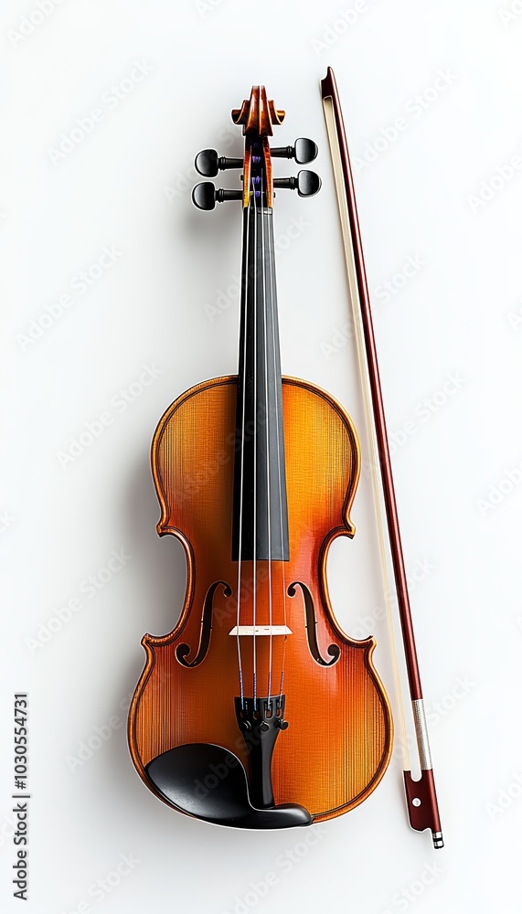 Fototapeta premium A beautifully crafted violin with a bow, showcasing its warm wood tones and elegant features.