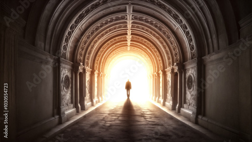 Silhouette of person walking towards bright light at end of tunnel. Spiritual journey concept. Mysterious, ethereal scene symbolizing afterlife, near-death experience, or hope beyond darkness.