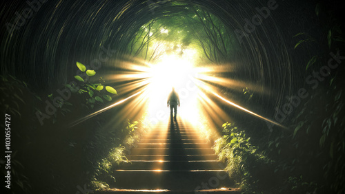 Silhouette of person walking towards bright light at end of tunnel. Spiritual journey concept. Mysterious, ethereal scene symbolizing afterlife, near-death experience, or hope beyond darkness.