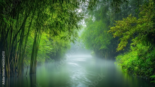 Serene bamboo grove beside a misty river, evoking tranquility and natural beauty.