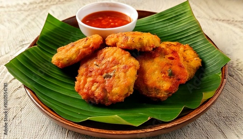 Golden mung bean fritters served with a tangy sweet chili dipping sauce
