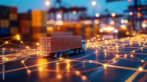 Truck transporting container, soft focus background