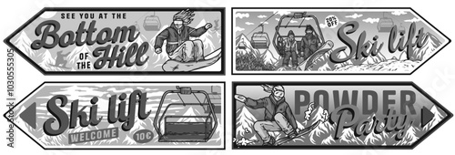 Set of vintage snowboarding and ski lift posters with snowboarders and skiers enjoying winter holidays. Winter poster or sign for sport