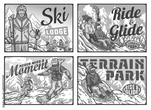 Set of four colorful posters in vintage style with snowboarders, skiers and people sledding down the slopes. Winter poster or sign for winter sport