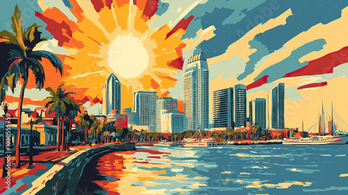 San Diego, California, classic traditional Christmas wood block print effect. Woodblock Xmas theme printing. Graphic designed, illustration for travel poster, card, wallpaper, backdrop or banner