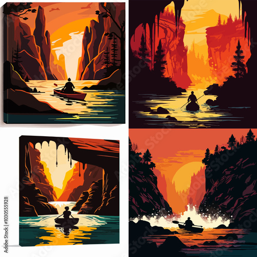 A series of four paintings of people in canoes on a river