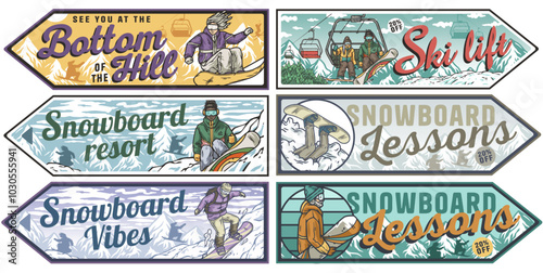 Collection of colorful vintage posters featuring snowboarders enjoying winter sports on snowy mountains. Winter poster or sign
