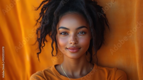 A young woman with long dark hair smiles at the camera against a bright orange backdrop.