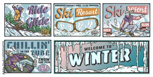 Set of vintage posters showing people snowboarding, skiing and snow tubing in a snowy mountain landscape. Winter poster or sign for winter sport