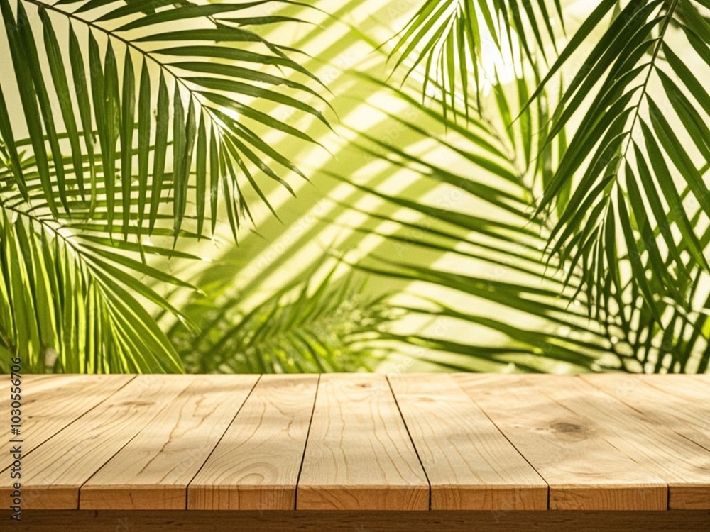 The empty wooden table top with blur background of Green leaves of palm trees