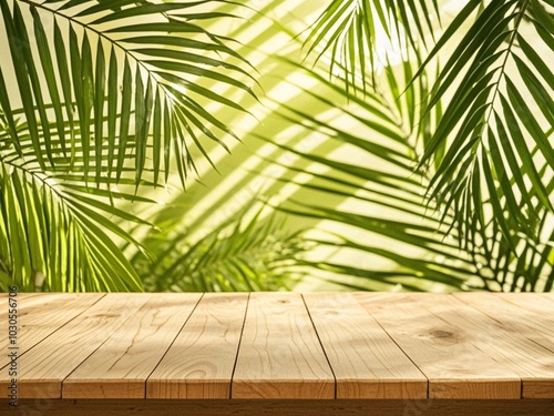 Obraz na płótnie The empty wooden table top with blur background of Green leaves of palm trees w salonie