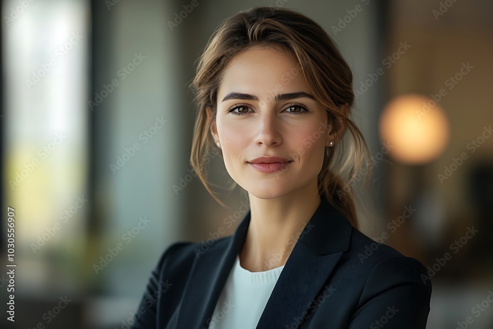 Professional Woman in Suit Headshot, Office Background Professional Woman in Suit Headshot, Office Background