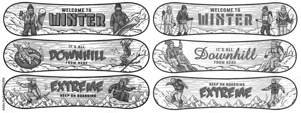Obraz premium Set of snowboard designs with people practicing winter sports like skiing and snowboarding. Winter poster or sign