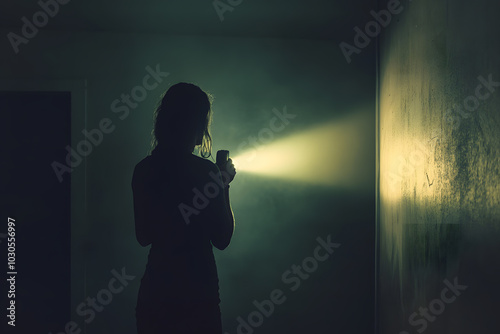Silhouette of a woman holding a flashlight in a dark room, casting a beam of light into the shadowy space, creating a mysterious and suspenseful atmosphere