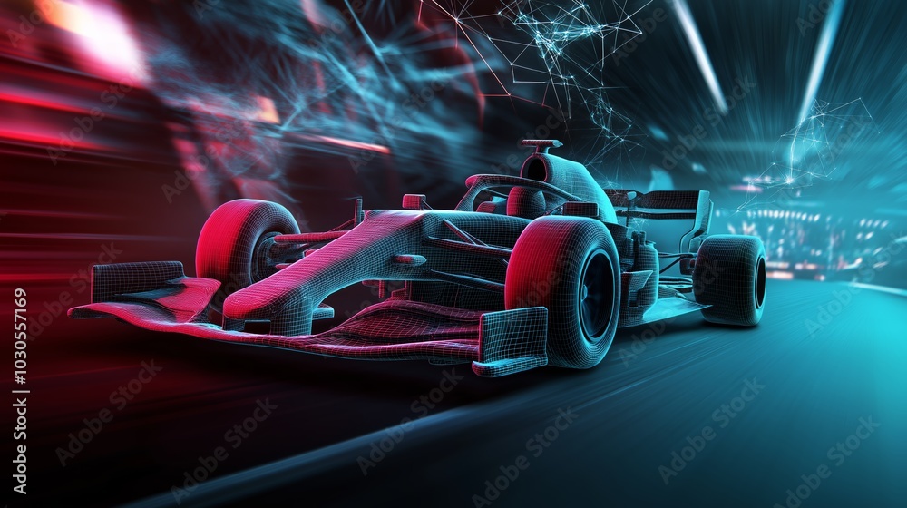 Fototapeta premium Futuristic race car speeding through a neon-lit tunnel, showcasing advanced technology and high-speed performance in dynamic lighting.