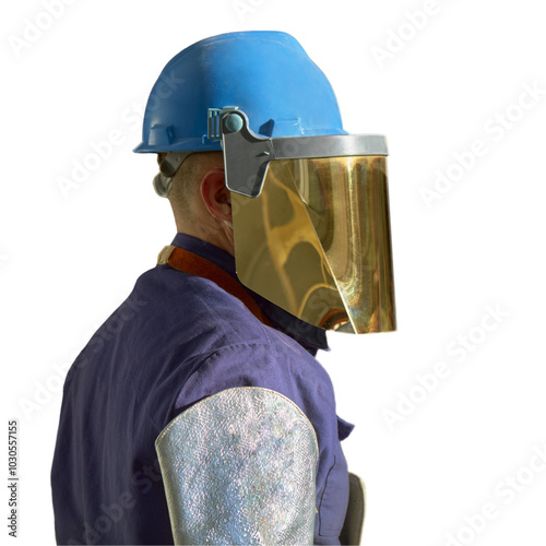 Worker with helmet and protectiv visor, set on PNG background