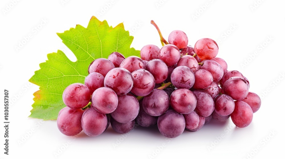 Obraz premium Vibrant Cluster of Red Grapes with Leaves on White Background