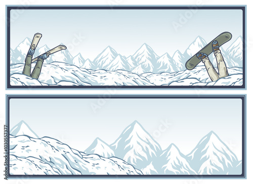 Winter poster set or signs. Snow backdrops or winter background collection. A collection of winter sports horizontal banner illustrations featuring skiers and snowboarders buried in the snow