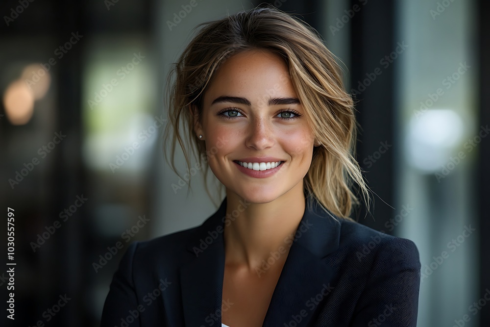 Smiling Blonde Entrepreneur with Freckles in Professional Attire Smiling Blonde Entrepreneur with Freckles in Professional Attire