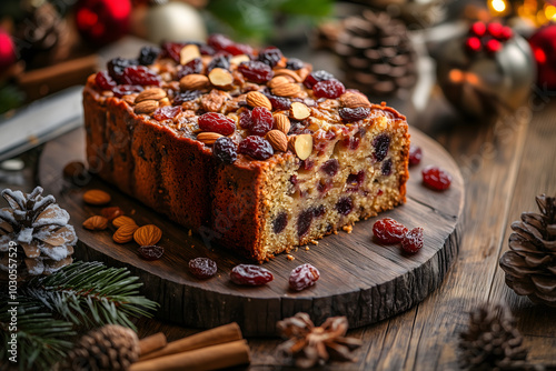 Slice of festive fruitcake topped with dried fruits and nuts, placed on a holiday table, evoking the warmth and tradition of Christmas celebrations