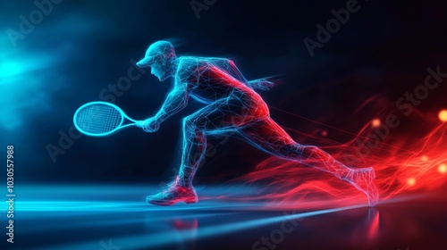 A dynamic digital illustration of a tennis player in motion, created with neon glowing lines, highlighting energy and sport action.