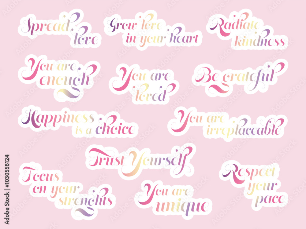 Aesthetic gradient self-love stickers with words of encouragement and validation. Inspiring text stickers for planners, notebooks, bullet journals, or as digital stickers