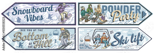 Set of four vintage posters inviting to winter sports activities like snowboarding, skiing or sharing a moment with friends at a mountain top party. Winter poster or sign for winter sport