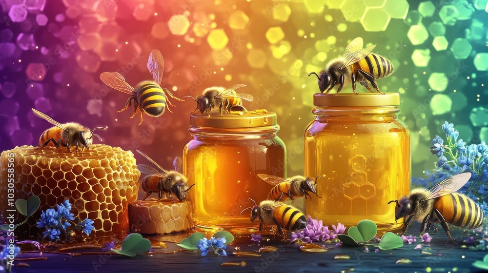 A set of honey jars and bees and a honeycomb full of nutrients, with objects such as clover nectar beside them. The background is a rainbow of colors to highlight the colorful scene A set of honey jars and bees and a honeycomb full of nutrients, with objects such as clover nectar beside them. The background is a rainbow of colors to highlight the colorful scene