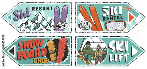 Four vintage style banners promoting winter sports activities such as skiing and snowboarding, including ski rental and snowboard shop. Winter poster or sign