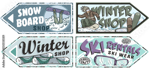 Set of vintage grunge posters for snowboarding and winter sports shops with snowboarder performing trick and mountain landscapes. Winter poster or sign